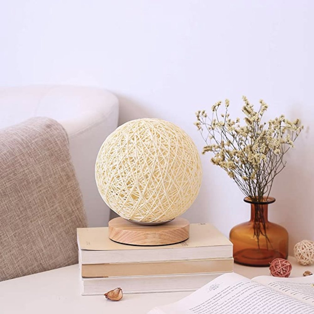 Boho Rattan Ball Round Wood Bedside Lamp Minimal - Picture 6 of 6
